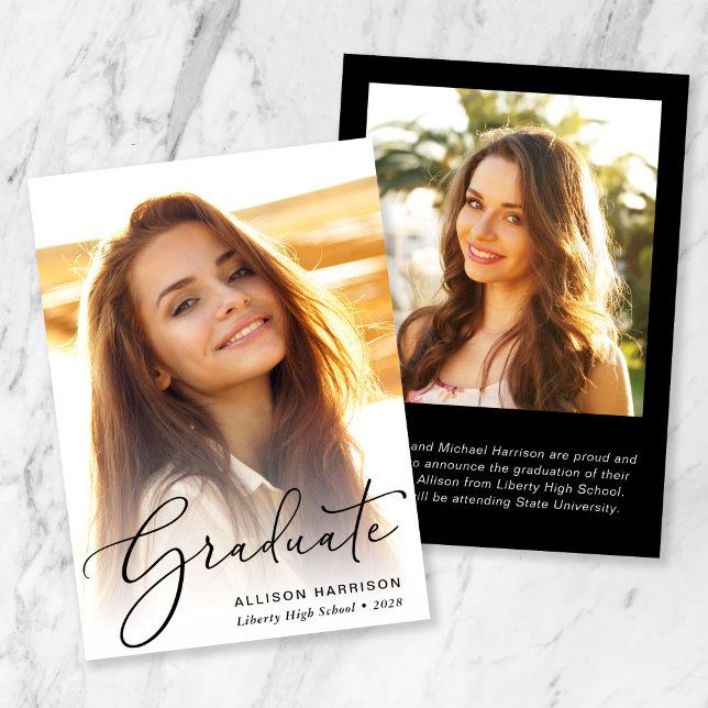 Faire-part Élégant script photo Graduation (An elegant photo graduation announcement to celebrate the graduate's achievements)