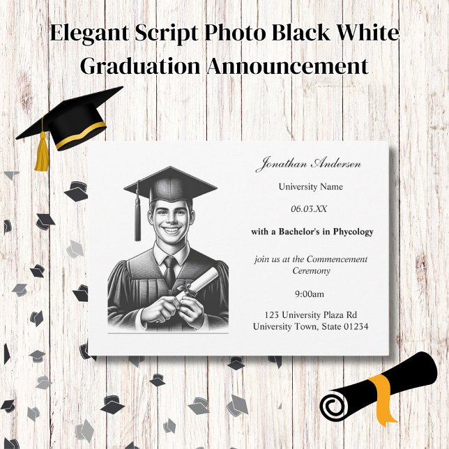 Faire-part Élégant script photo noir blanc Graduation (Créateur téléchargé)