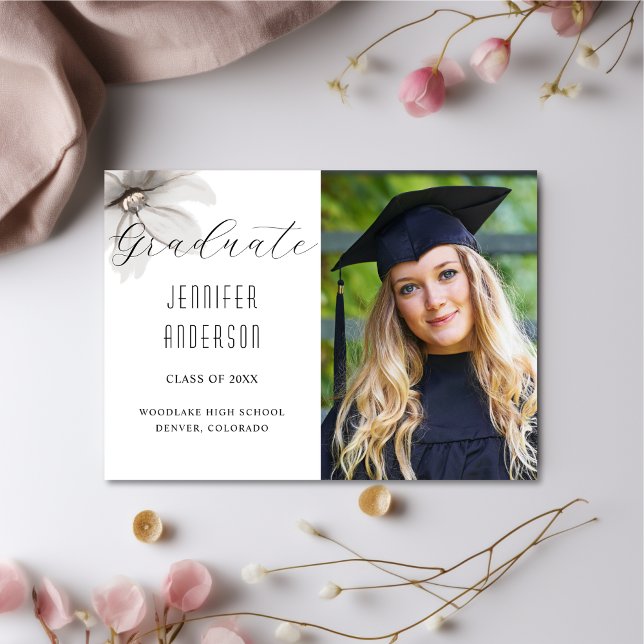 Faire-part Elégant Silver Floral Graduation Photo (Créateur téléchargé)