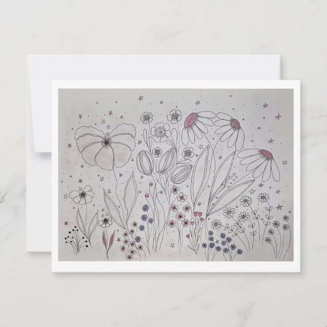 Faire-part Elegant Wildflower Meadow Line Art (Devant)