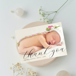 Faire-part Élégante calligraphie Merci photo pleine naissance