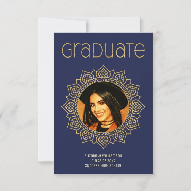 Faire-part Elégante Ecole de Graduation Mandala Gold Blue (Devant)