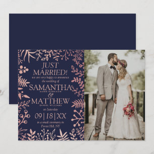 Faire-part Elégante Marine & Rose Gold Floral Mariage Photo