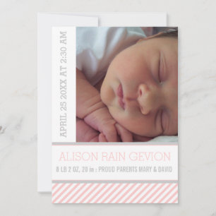 Faire-part Élégante naissance d'une petite fille rose, gris r