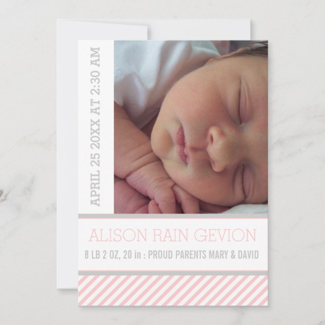 Faire-part Élégante naissance d'une petite fille rose, gris r (Devant)