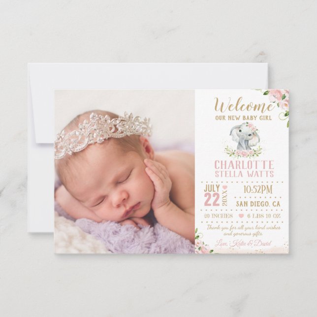 Faire-part Eléphant floral Blush Nouveau bébé fille photo nai (Devant)
