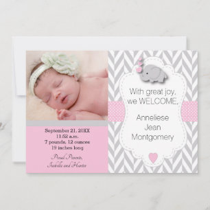 Faire-part Eléphant rose, blanc, gris 🐘 photo bébé