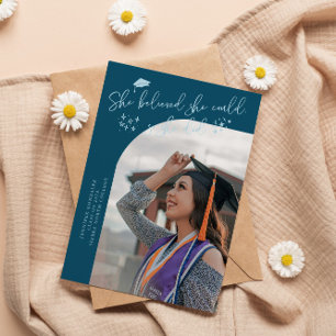 Faire-part Elle a cru diplômée sarcelle Photo incurvée