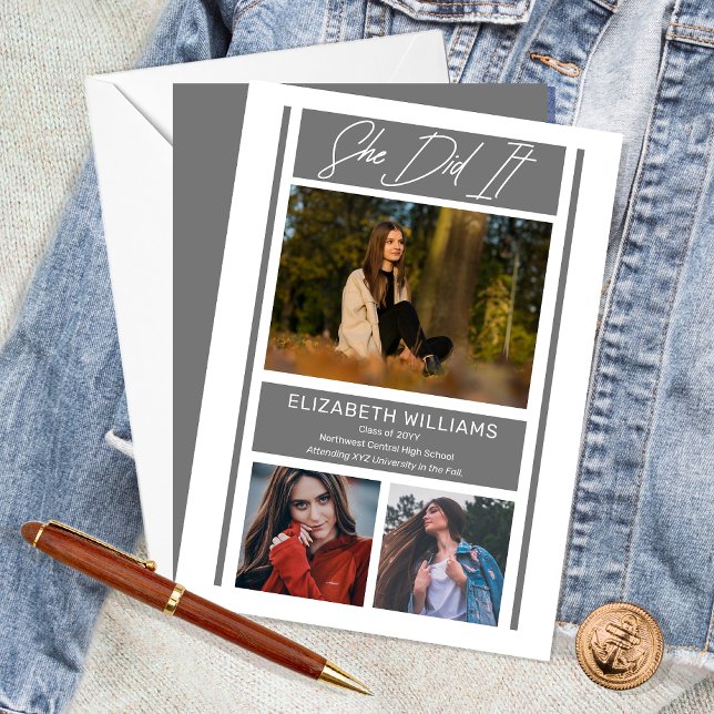 Faire-part Elle L'A Fait Simple Minimaliste Graduation Gris ("She Did It" Simple Minimalist 3 Photo Collage Gray | White Graduation Announcement - Print Digital)