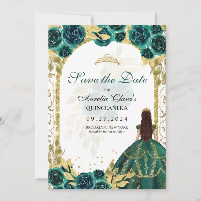 Faire-part Emerald Floral Princess Gold Arch Quinceanera (Devant)