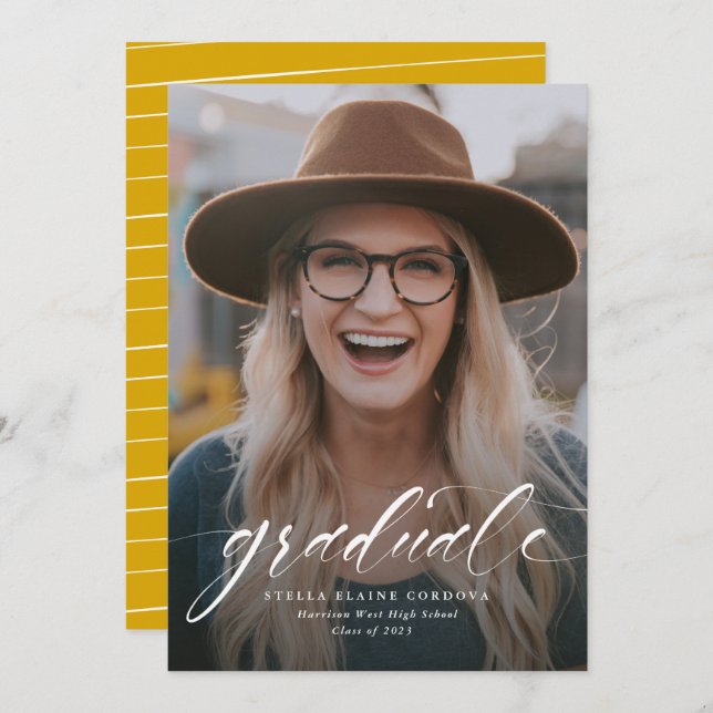 Faire-part en or simple script diplômé avec photo (Devant / Derrière)