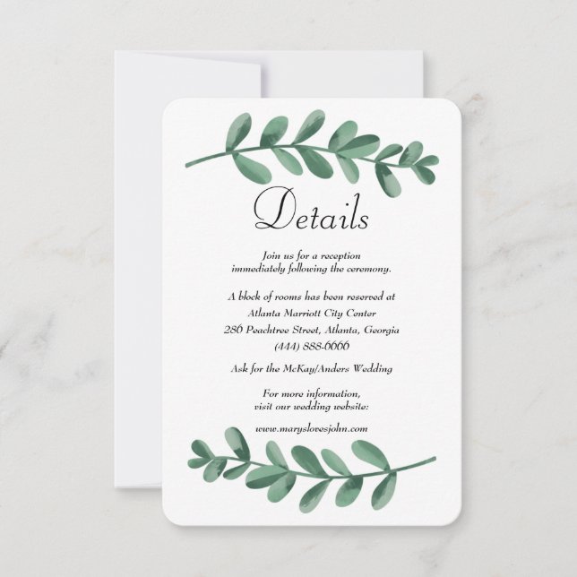 Faire-part Enclosure de détails de mariage aux feuilles verte (Devant)