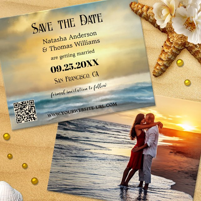 Faire-part Enregistrer la date de la photo de plage nautique (Save the Date card featuring a painting of a golden sunset at the beach - with QR code template)