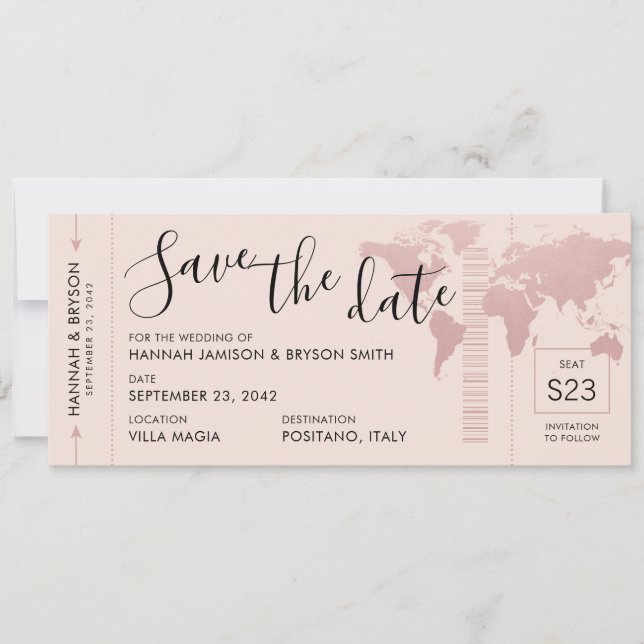 Faire-part Enregistrer la date Rose Gold World Map Pass d'emb (Devant)