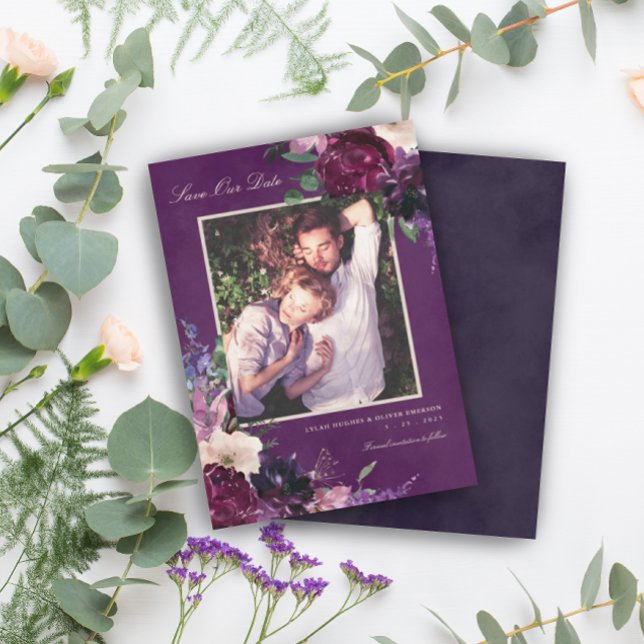 Faire-part Enregistrer notre date de photo florale violette d (Créateur téléchargé)
