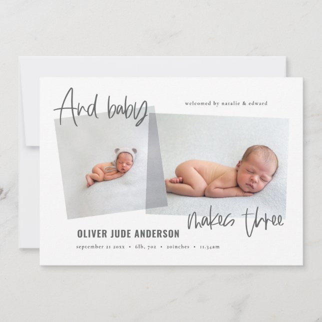 Faire-part Et bébé fait trois photos de naissance moderne (Devant)