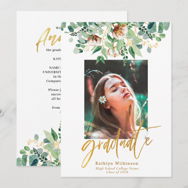 Faire-part Eucalyptus Floral Élégant Gold Script Graduation (Devant / Derrière)