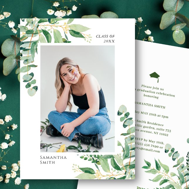 Faire-part Eucalyptus Rustique Vert Simple Photo Graduation (Créateur téléchargé)