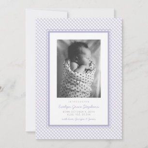 Faire-part Faire annonce de naissance carreaux gingham violet