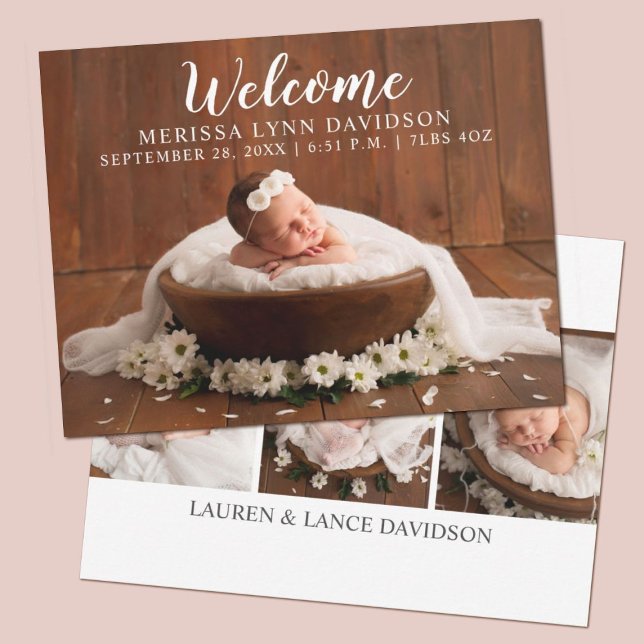 Faire-part Faire Connaître la Photo de Fille de Script de Bie (A cute baby girl birth announcement with the word Welcome, and your baby's birth stats.)