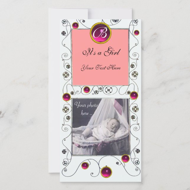 Faire-part FANCY SWIRLS BÉBÉ FILLE MONOGRAM, ruby blanc (Devant)