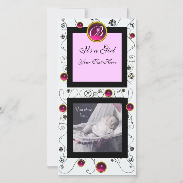 Faire-part FANCY SWIRLS BÉBÉ FILLE MONOGRAM, ruby blanc (Devant)