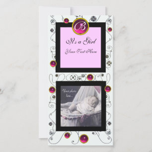 Faire-part FANCY SWIRLS BÉBÉ FILLE MONOGRAM, ruby blanc