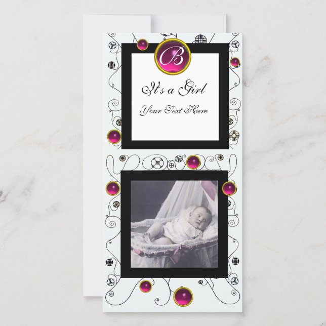 Faire-part FANCY SWIRLS BÉBÉ FILLE MONOGRAM, ruby blanc (Devant)