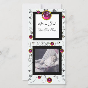Faire-part FANCY SWIRLS BÉBÉ FILLE MONOGRAM, ruby blanc