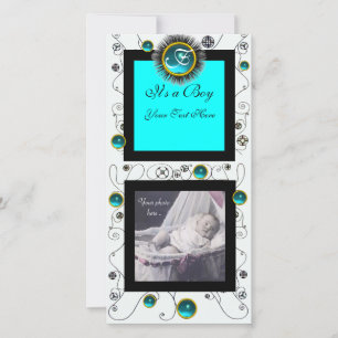 Faire-part FANCY SWIRLS BÉBÉ GARÇON MONOGRAM, aquamarine blan