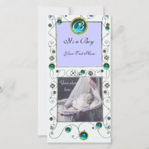 Faire-part FANCY SWIRLS BÉBÉ GARÇON MONOGRAM, aquamarine blan