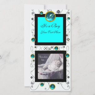 Faire-part FANCY SWIRLS BÉBÉ GARÇON MONOGRAM, aquamarine blan