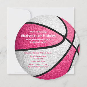 Faire-part fête d'anniversaire de basket-ball blanc rose
