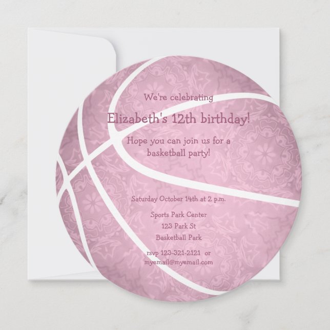 Faire-part fête d'anniversaire de basket-ball rose poussiéreu (Devant)