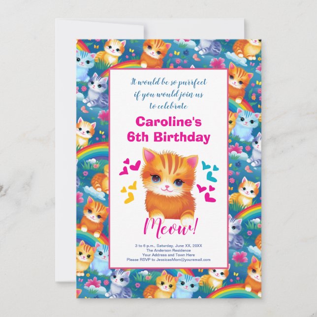 Faire-part Fête d'anniversaire de Girl Kittens sur Rainbows (Devant)