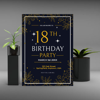 Faire-part fête d'anniversaire noir et or élégant