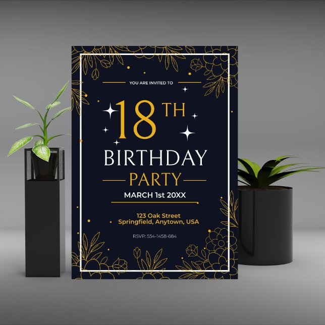 Faire-part fête d'anniversaire noir et or élégant (Créateur téléchargé)