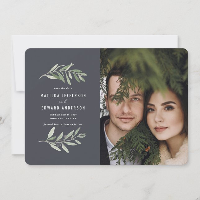 Faire-part feuillage classique branche d'olivier photo mariag (Devant)