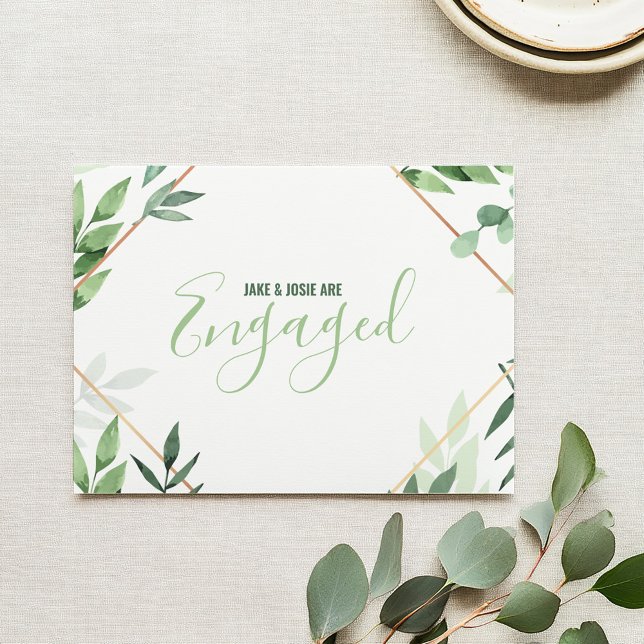 Faire-part Feuillage vert, partie de fiançailles en cuivre (Elegant watercolor-style green foliage, complemented by a tasteful gold/copper border)