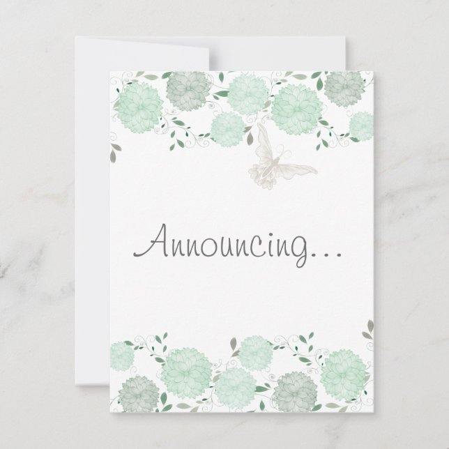 Faire-part Fiançailles de papillons et de chrysanthèmes verts (Devant)