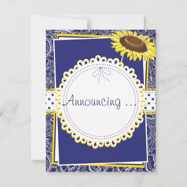 Faire-part Fiançailles Fleurs de Tournesol Bleu Royal et Jaun (Devant)