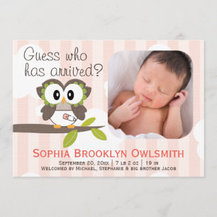 Faire-part Fille d'annonces de hibou de bébé