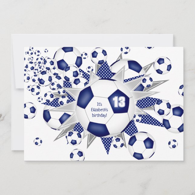 Faire-part Filles de soccer anniversaire bleu ballon de footb (Devant)
