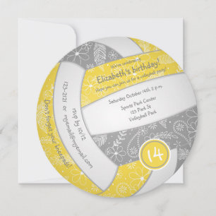 Faire-part filles jaune gris boho volleyball fête d'anniversa
