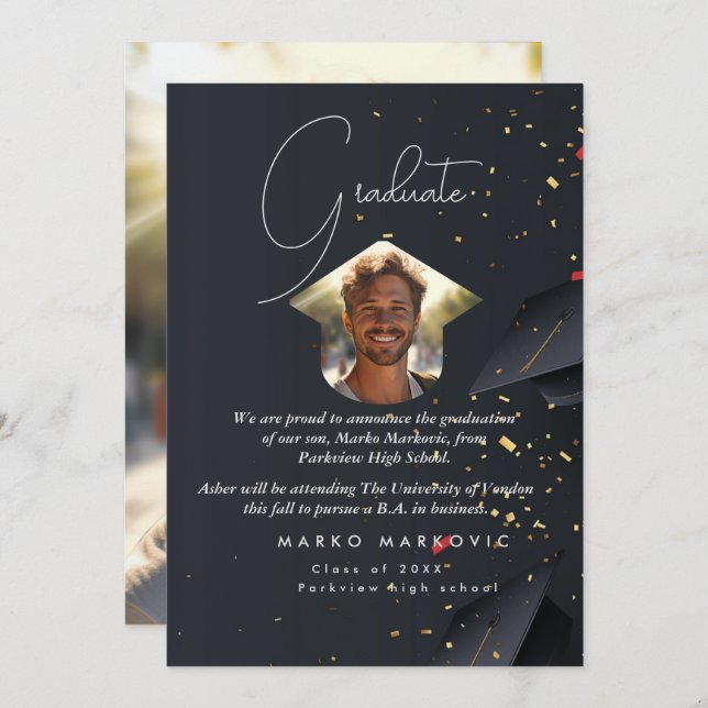 Faire-part Fils de diplôme I Grey (Devant / Derrière)