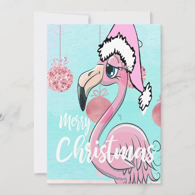 Faire-part Flamant rose de Noël Blue Rose Salutation (Devant)