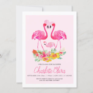 Faire-part Flamant rose rose Fleurs tropicales Nouveau bébé