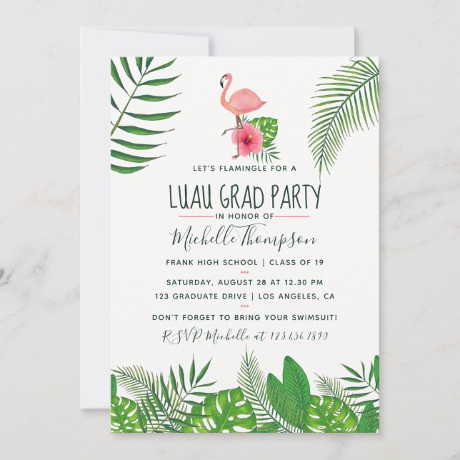 Faire-part Flamant Rose Tropical Aquarelle Luau Diplôme (Devant)
