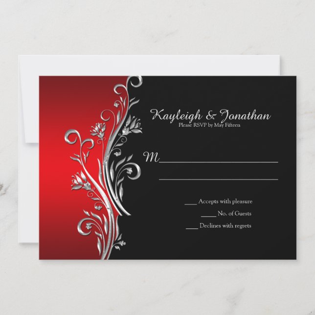 Faire-part Flèches ornées d'argent rouge et noir RSVP (Devant)
