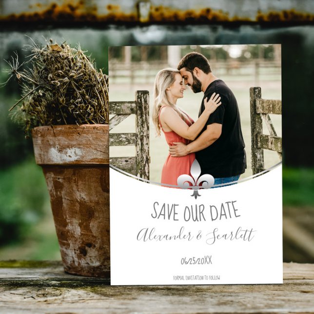 Faire-part Fleur de Lis Argentée Photo Enregistrer la Date (Silver Fleur de Lis Photo Save the Date)